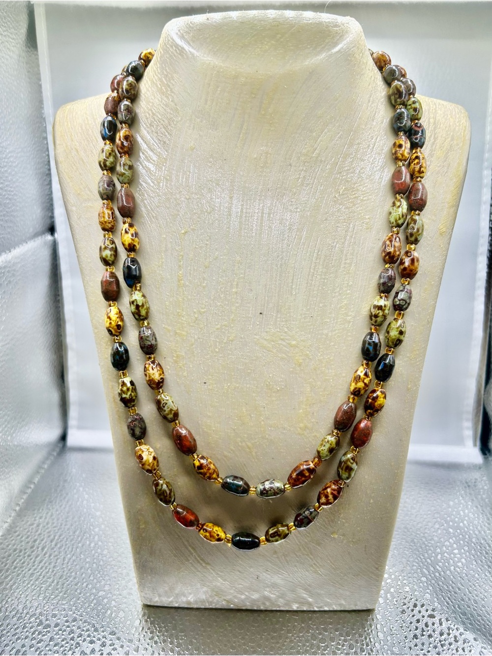 Vintage Scottish style long beaded necklace speckled earth tones boho artsy